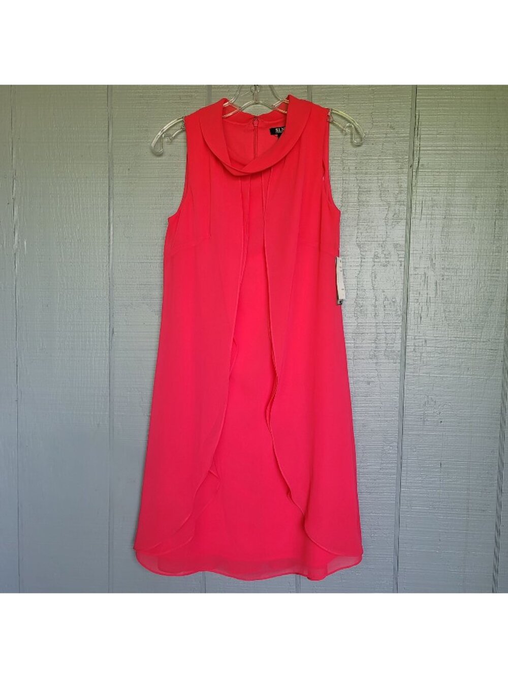 SLNY Coral Pink Chiffon Overlay Sleeveless Midi Cocktail Wedding Guest Dress. 4